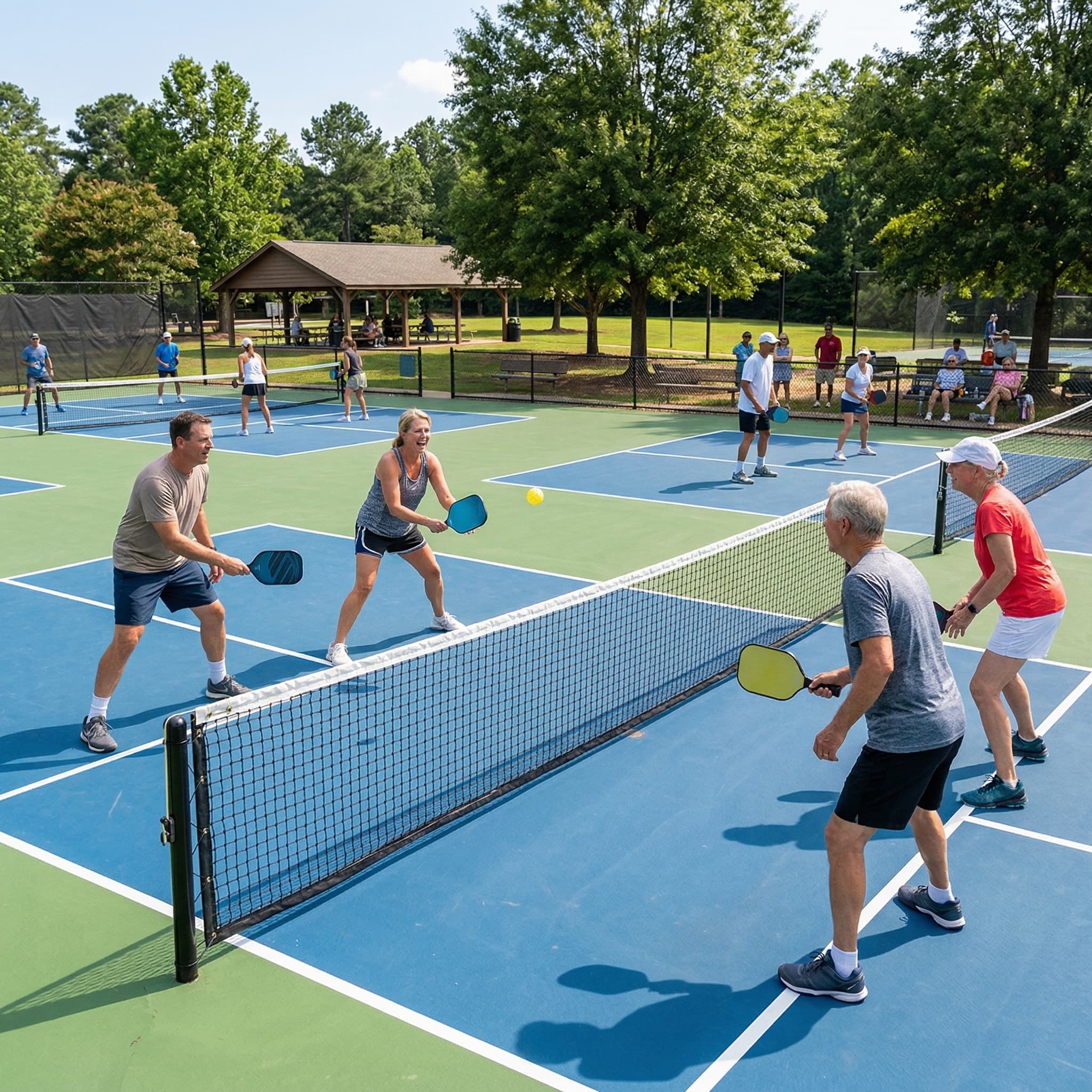 A doubles rally in progress on an outdoor park court